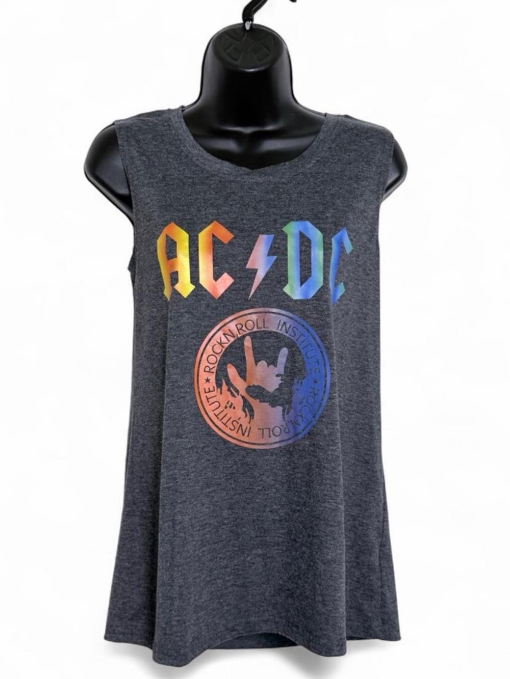 M AC/DC Rock and Roll Institute with Rainbow Logo Graphic Charcoal Gray Tank